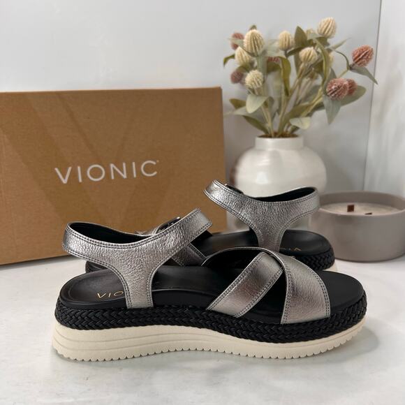 Vionic Mar Leather Strappy Platform Sandal Pewter Buckle I8675L9020 Women 6M NWB - Picture 6 of 11